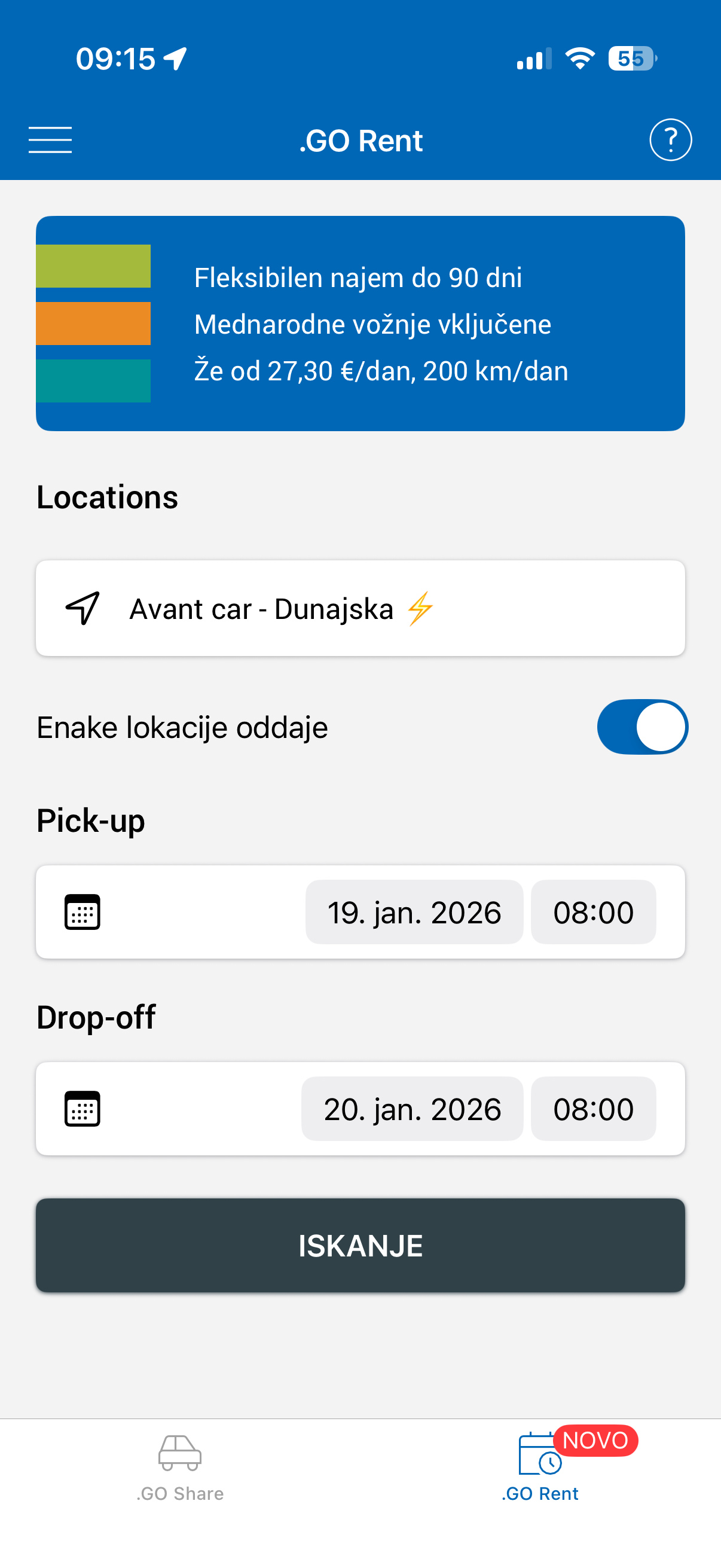 Izberi datum in lokacijo
